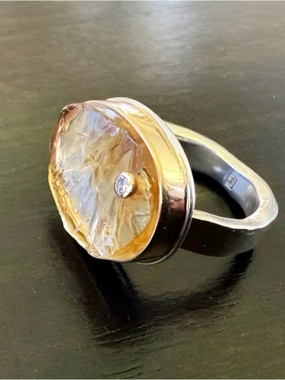 Sterling Silver & Gold Ring Yellow Citrine Slice and Diamond Accent